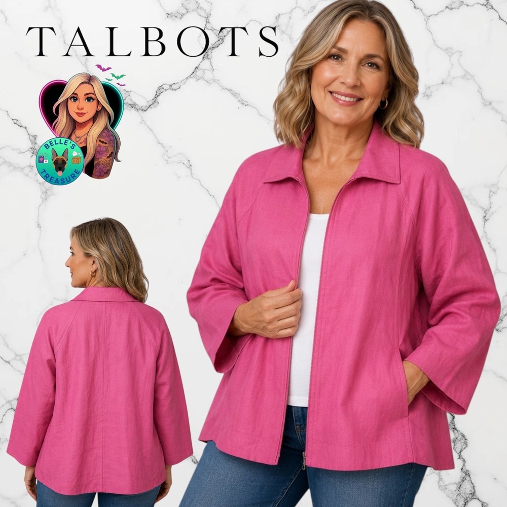 Talbots Womens 1X XL‎ Pet Pink Pure Irish Linen Open Front Jacket Blazer Pockets